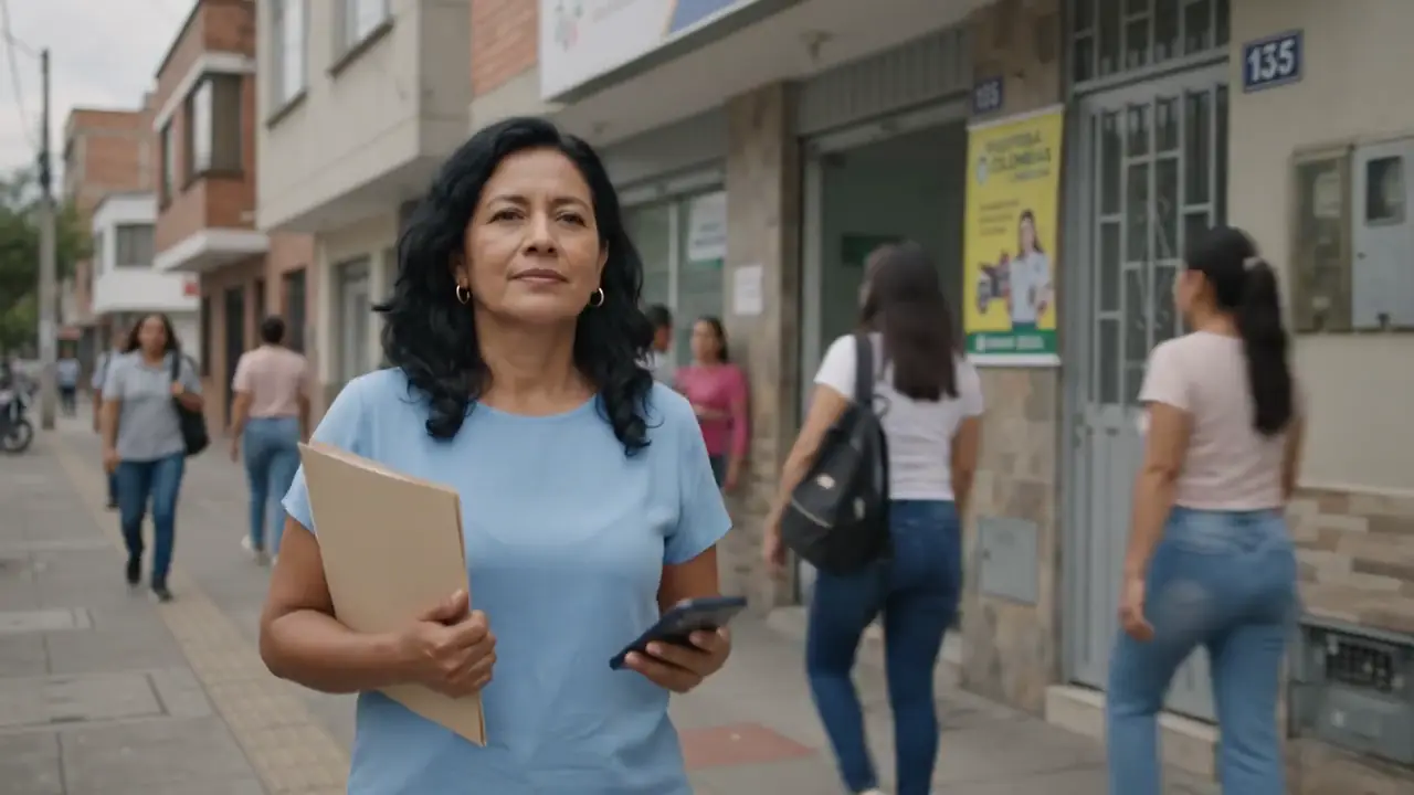 Mujer caminando con su documento y celular