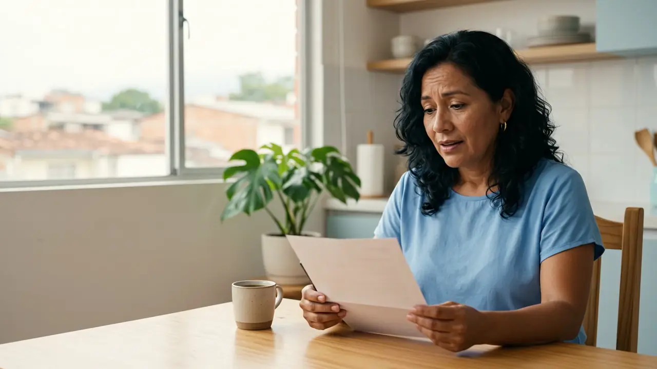 Mujer revisando un documento desde su casa